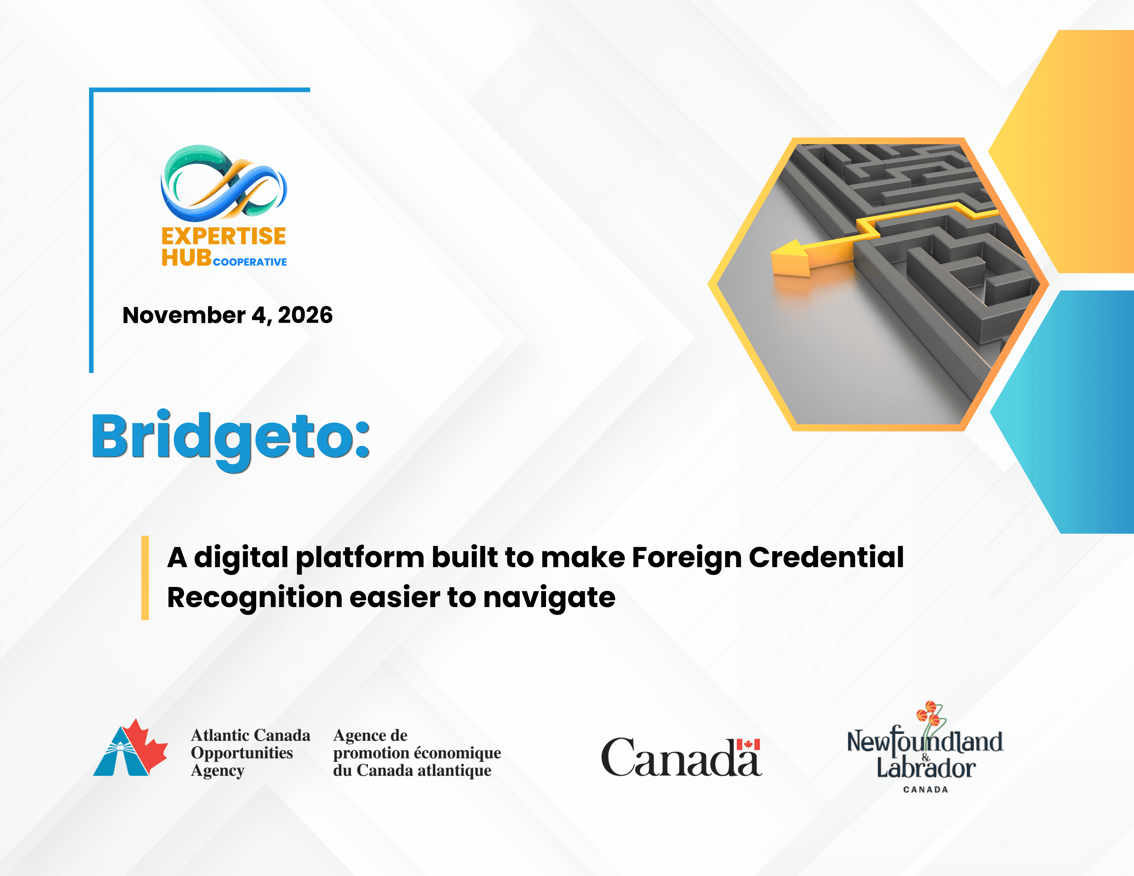 Promotional graphic introducing Bridgeto, a digital platform designed to make foreign credential recognition easier to navigate.