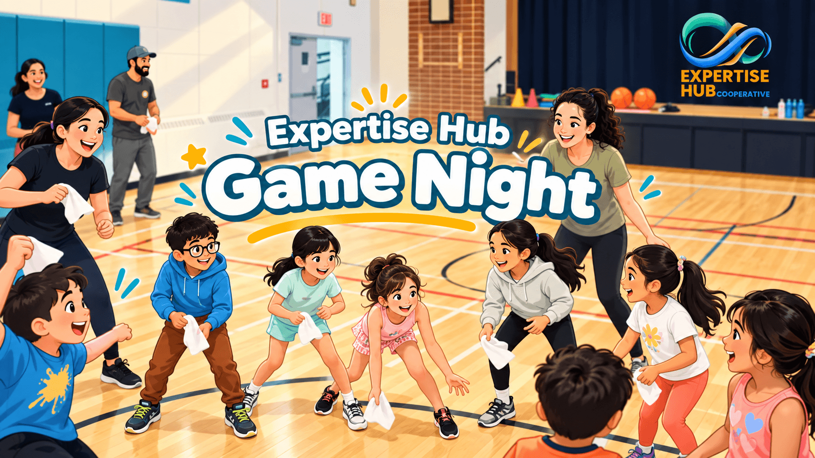 Expertise Hub Co-operative members, families, and friends participating in Community Game Night.